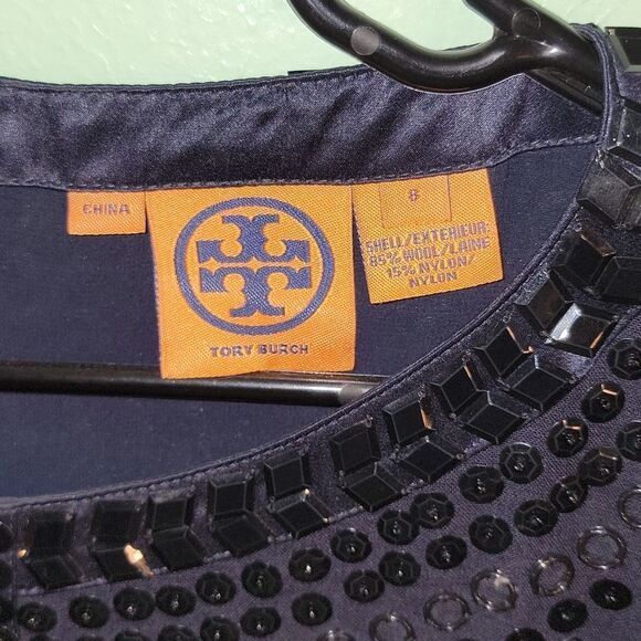 Tory Burch Navy Blue Wool Blend Sequins Beaded Sleeveless Zip Up Blouse Shirt 8 - Picture 3 of 4